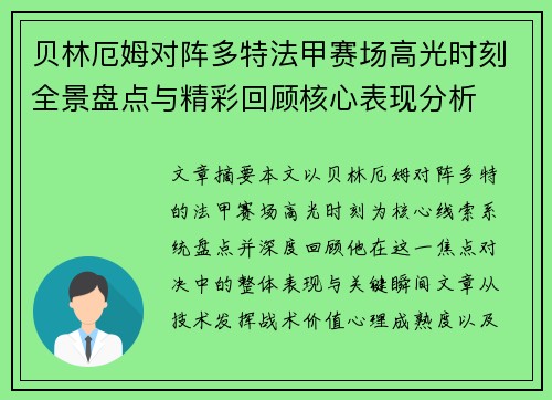 贝林厄姆对阵多特法甲赛场高光时刻全景盘点与精彩回顾核心表现分析