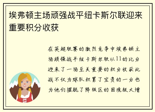 埃弗顿主场顽强战平纽卡斯尔联迎来重要积分收获