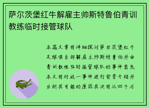 萨尔茨堡红牛解雇主帅斯特鲁伯青训教练临时接管球队